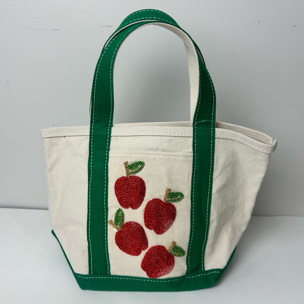 Anthropologie Canvas Tote Apple Beaded Green - Picture 2 of 5